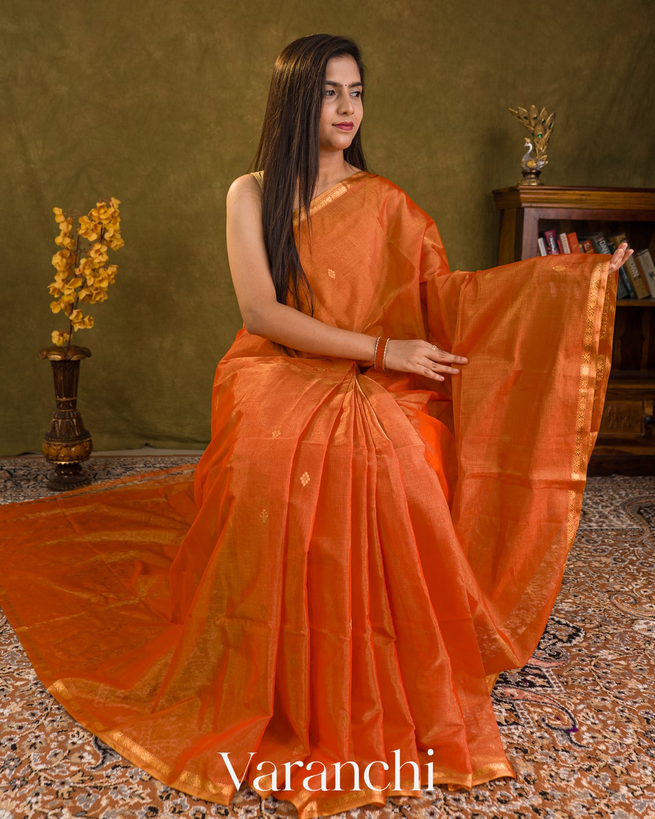 Rust Orange Pure Maheshwari Silk Cotton Handloom Saree