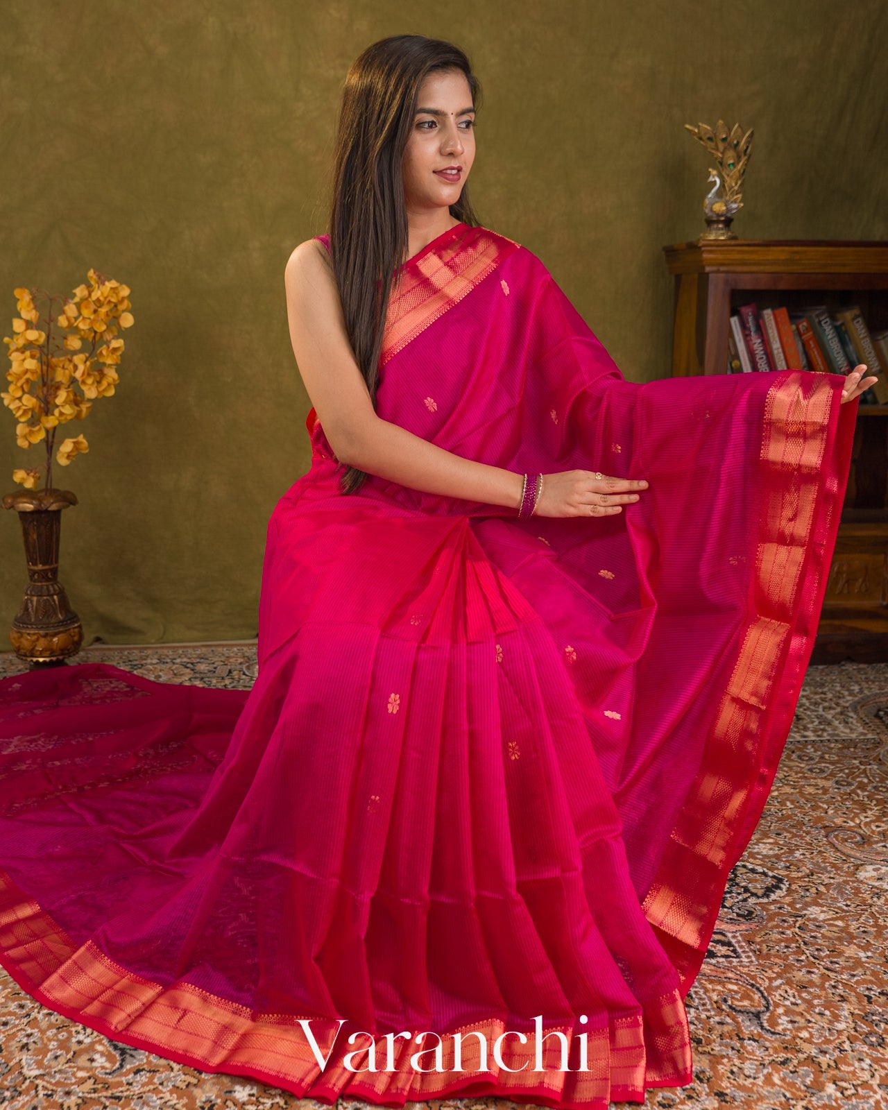 Rani Pink Striped Pure Maheshwari Silk Cotton Handloom Saree