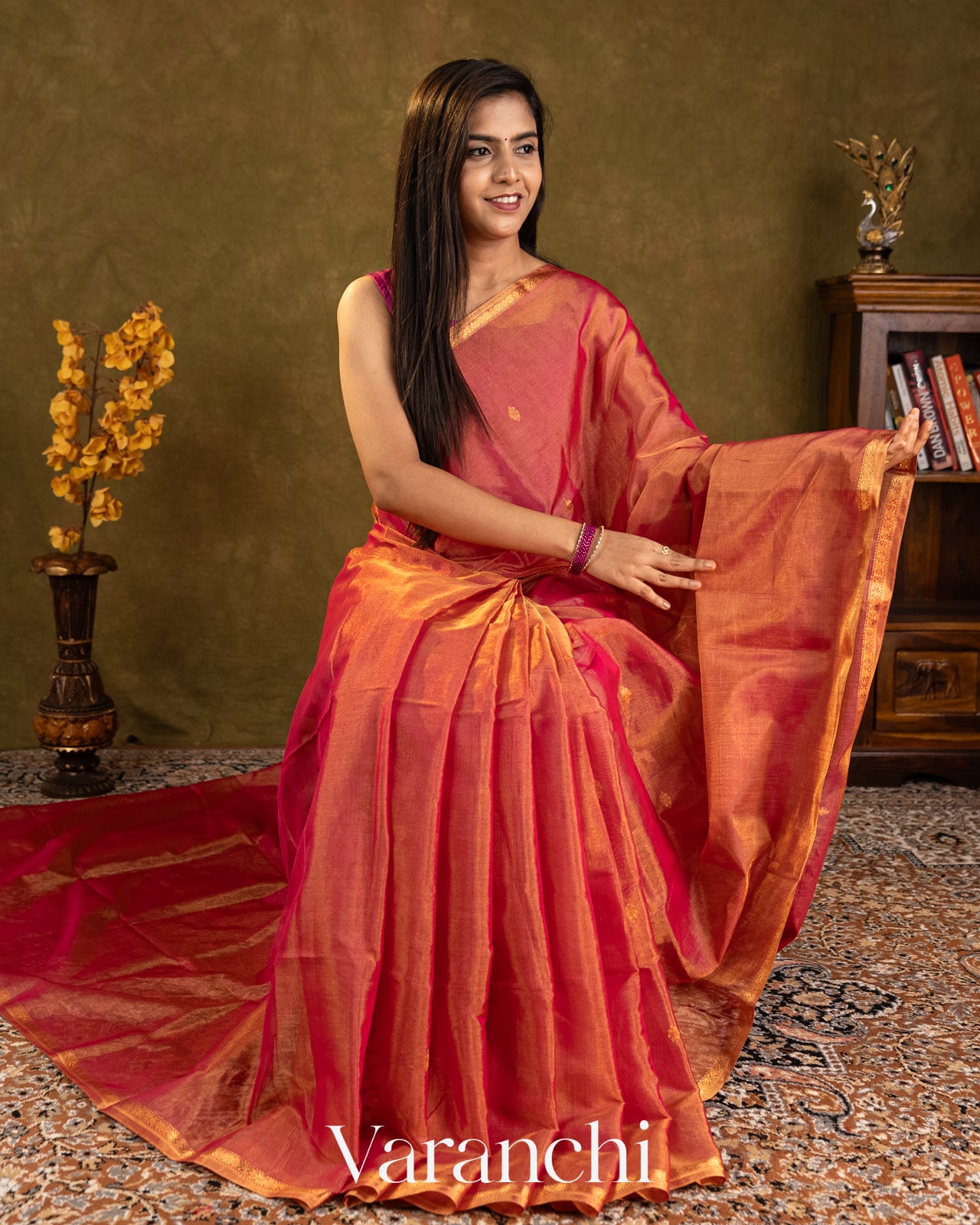 Coral Red Pure Maheshwari Silk Cotton Handloom Saree