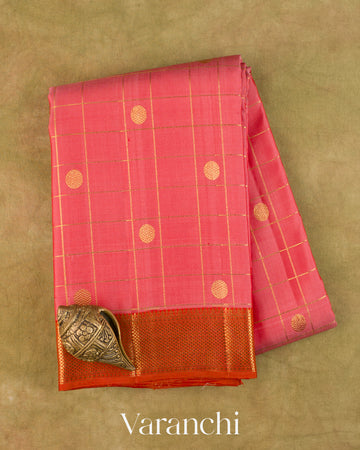 Baby Pink Checkered Pure Kanchipuram Silk Handloom Saree