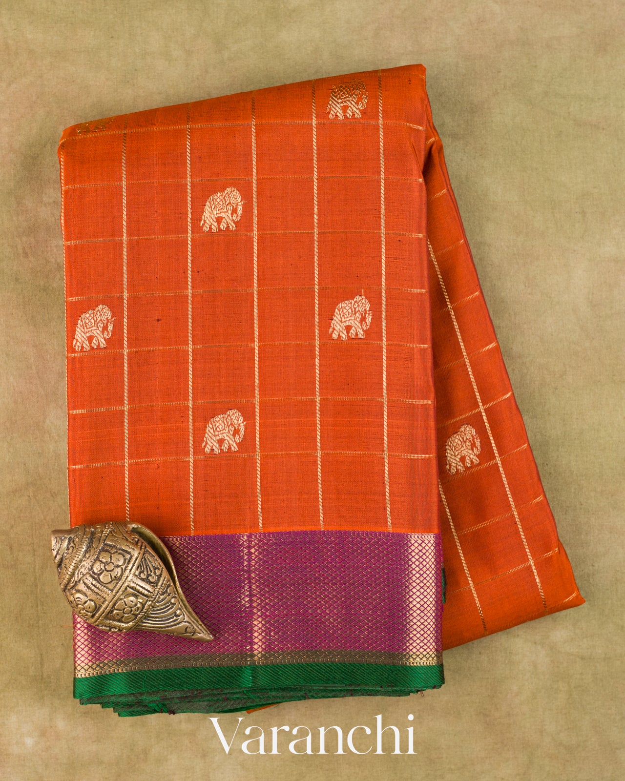 Burnt Orange Checkered Pure Kanchipuram Silk Handloom Saree