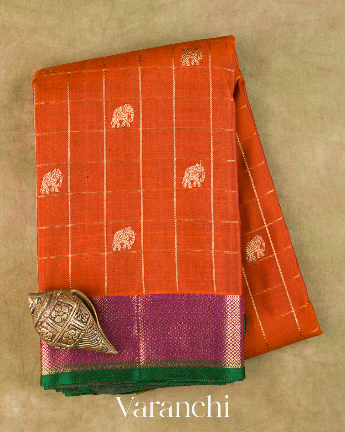 Burnt Orange Checkered Pure Kanchipuram Silk Handloom Saree