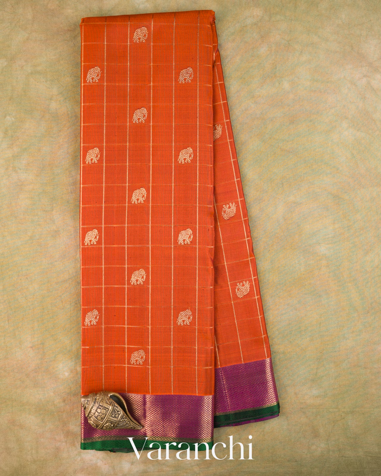 Burnt Orange Checkered Pure Kanchipuram Silk Handloom Saree