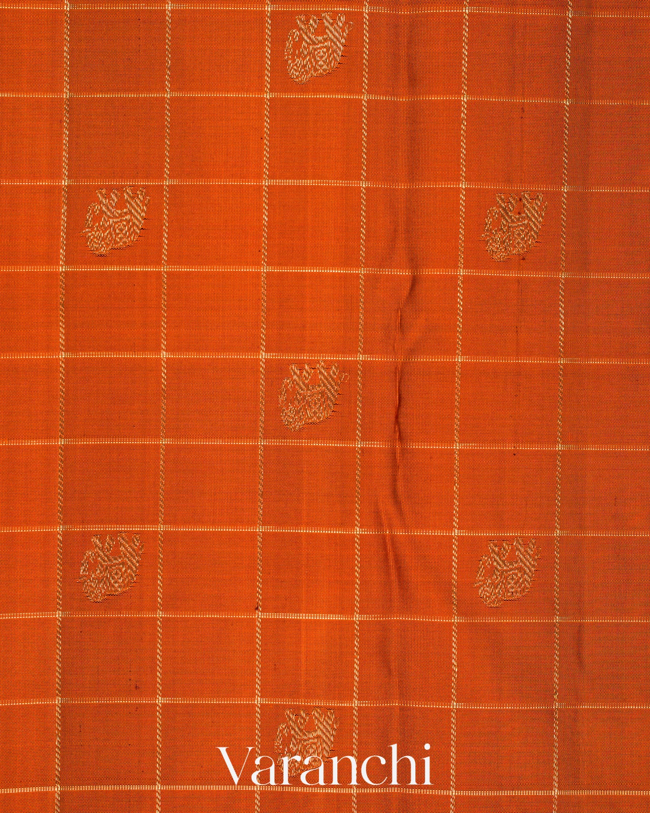 Burnt Orange Checkered Pure Kanchipuram Silk Handloom Saree