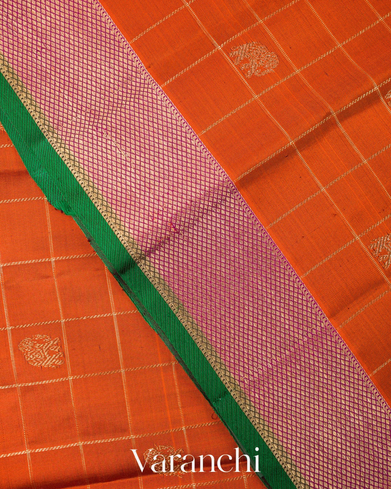 Burnt Orange Checkered Pure Kanchipuram Silk Handloom Saree