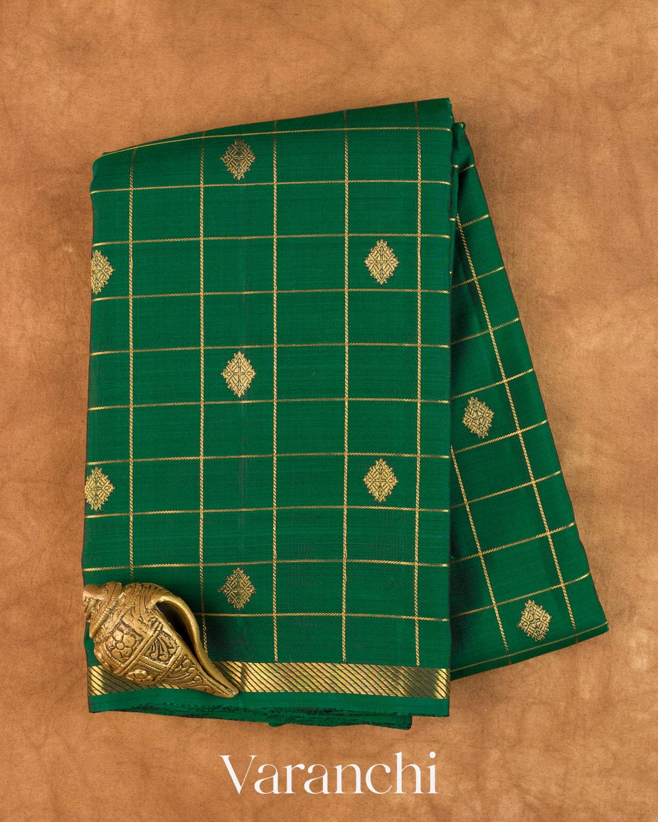 Bottle Green Checkered Pure Kanchipuram Silk Handloom Saree