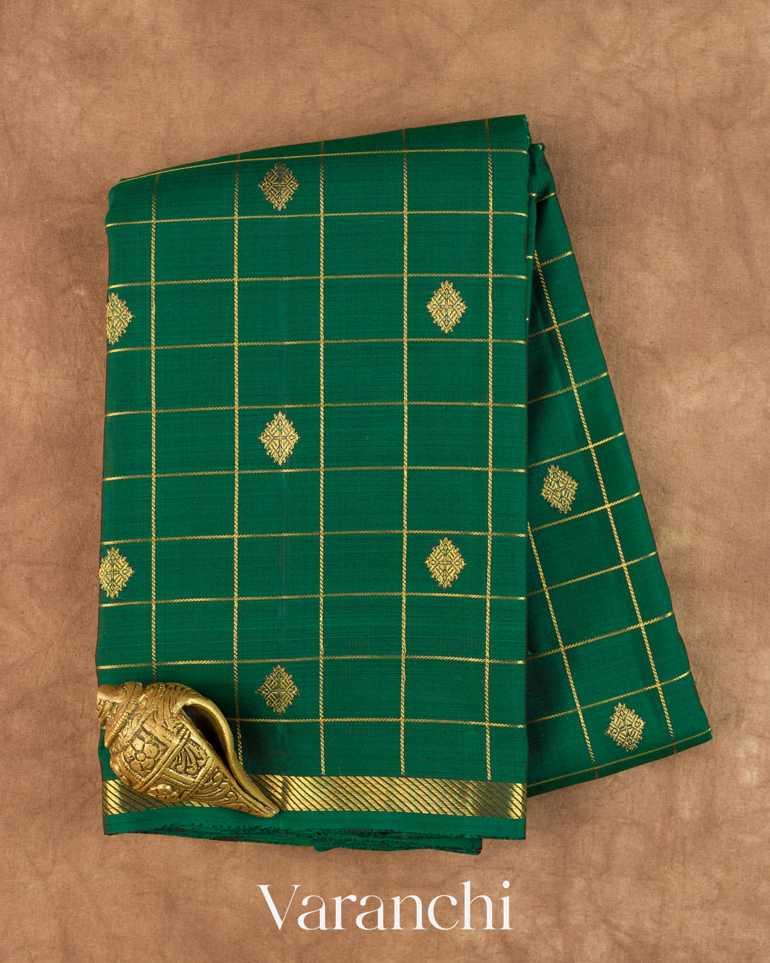 Bottle Green Checkered Pure Kanchipuram Silk Handloom Saree