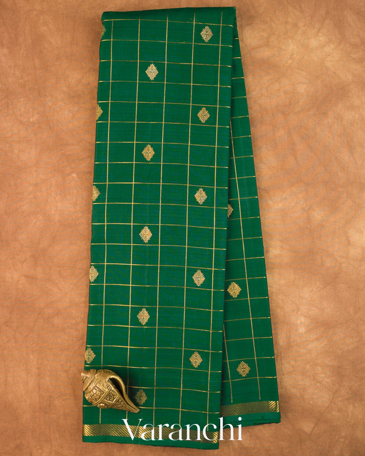 Bottle Green Checkered Pure Kanchipuram Silk Handloom Saree