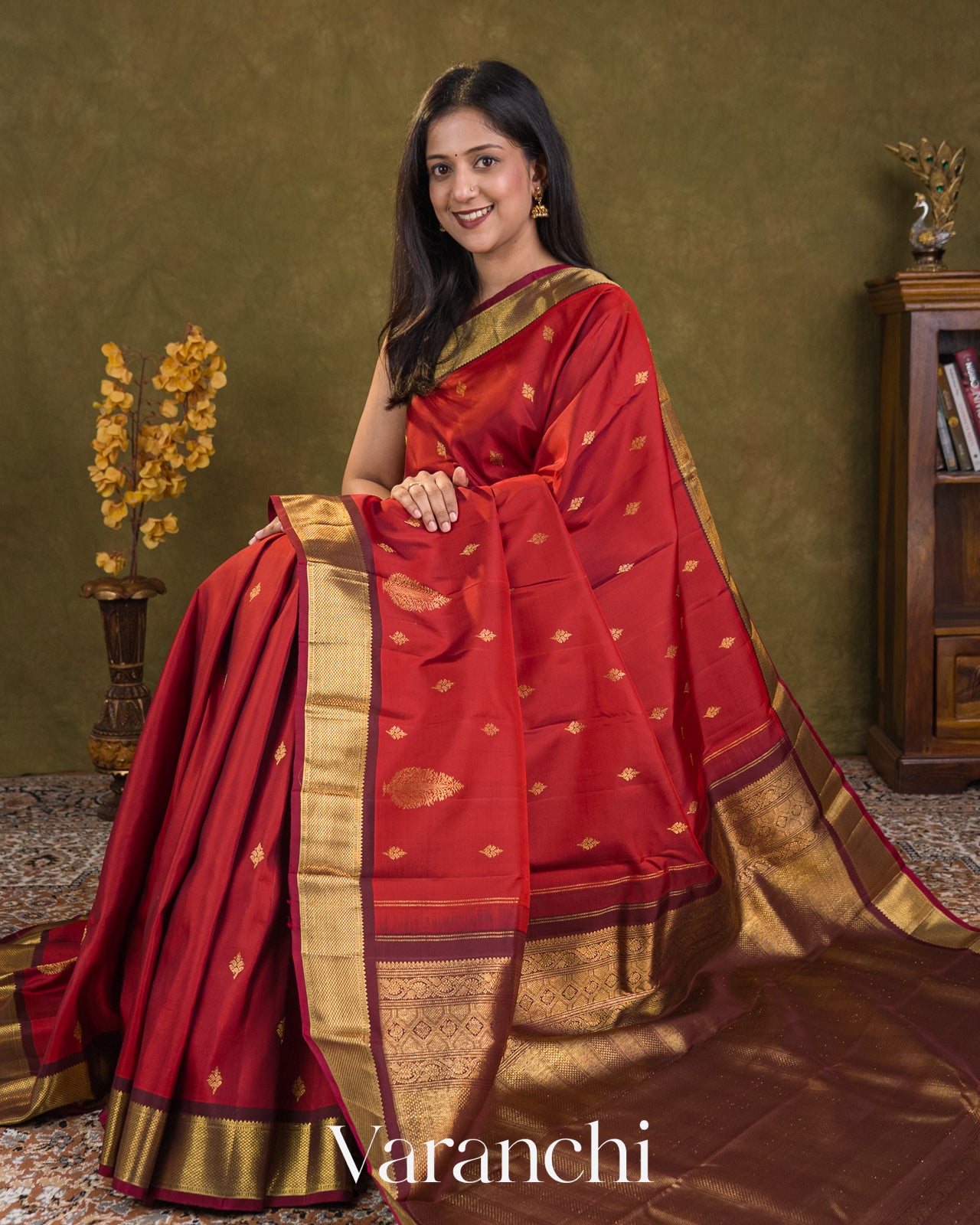 Rust Red Pure Kanchipuram Silk Handloom Saree