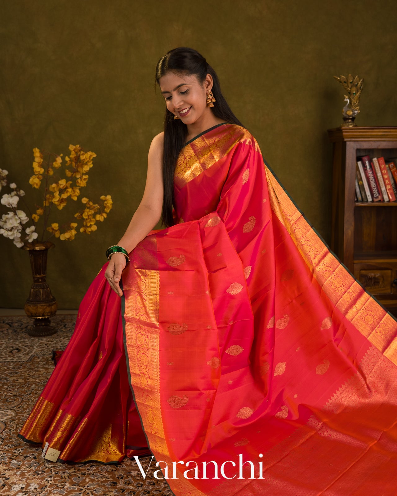 Tomato Red Korvai Pure Kanchipuram Silk Handloom Saree