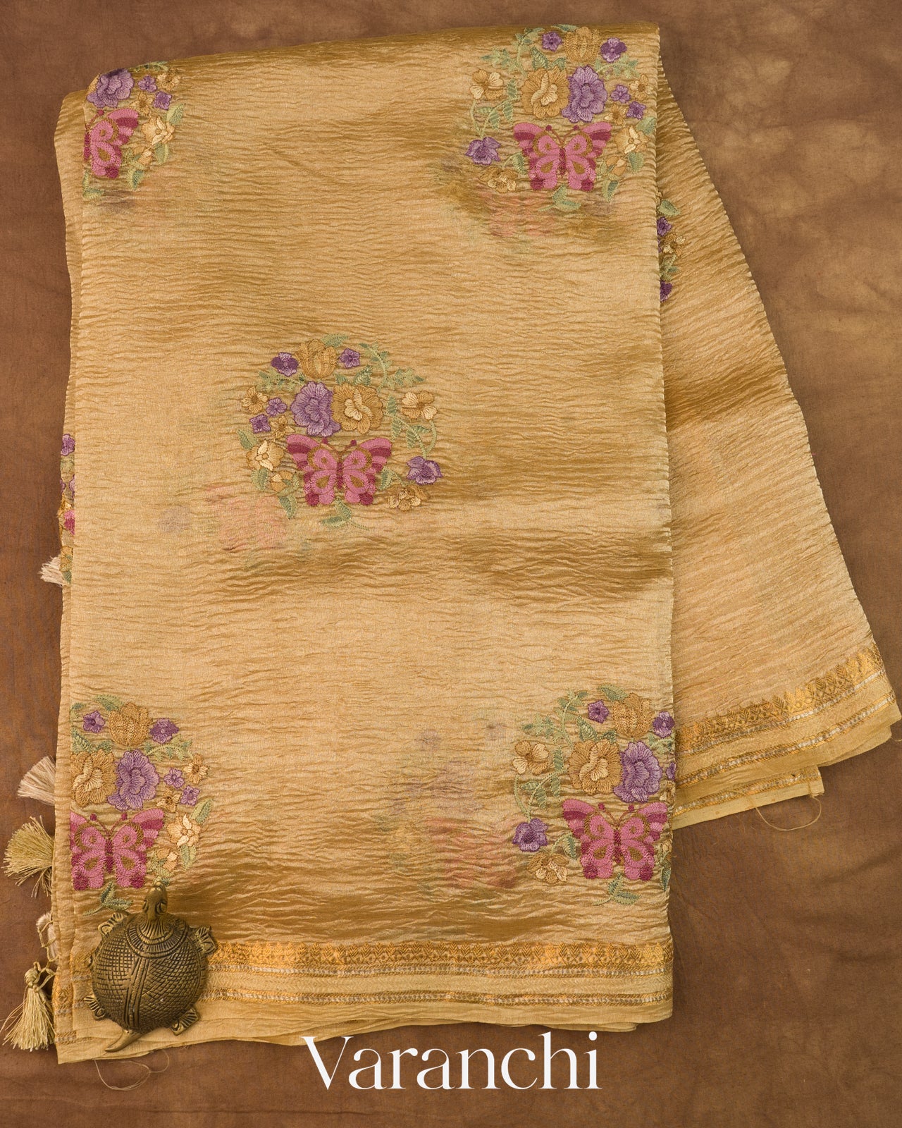 Mustard Gold Floral Embroidered Pure Crush Tissue Kora Silk Saree
