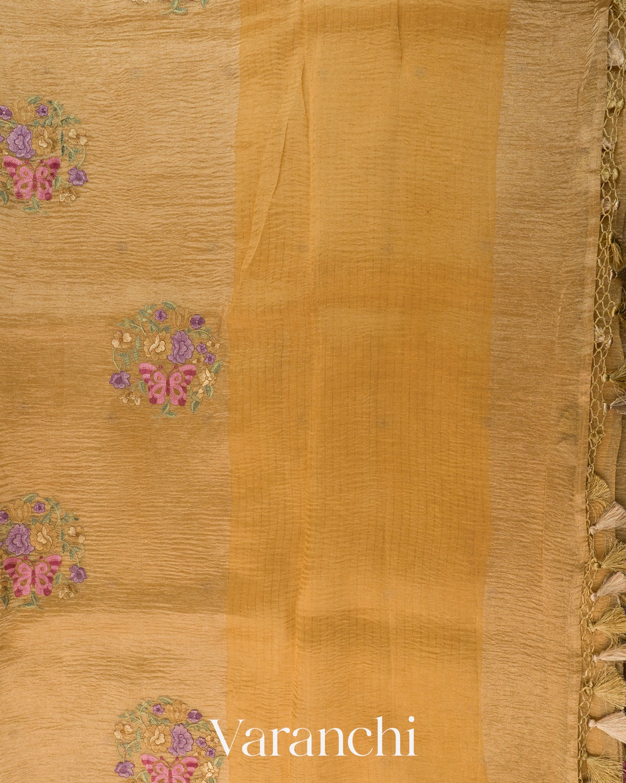 Mustard Gold Floral Embroidered Pure Crush Tissue Kora Silk Saree