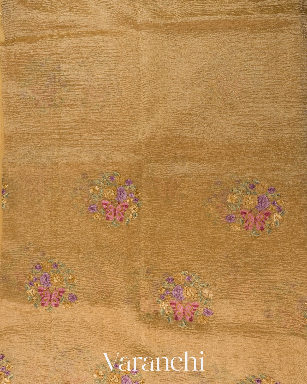 Mustard Gold Floral Embroidered Pure Crush Tissue Kora Silk Saree
