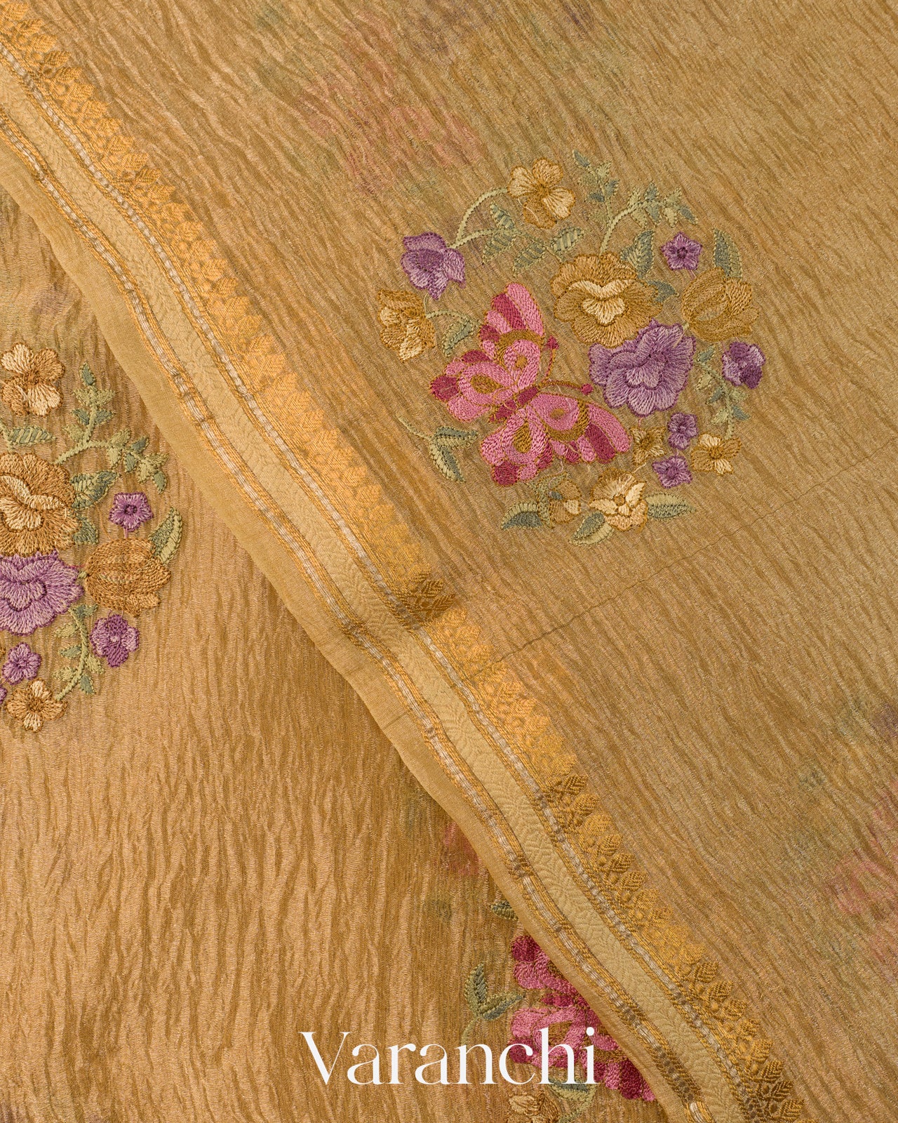 Mustard Gold Floral Embroidered Pure Crush Tissue Kora Silk Saree