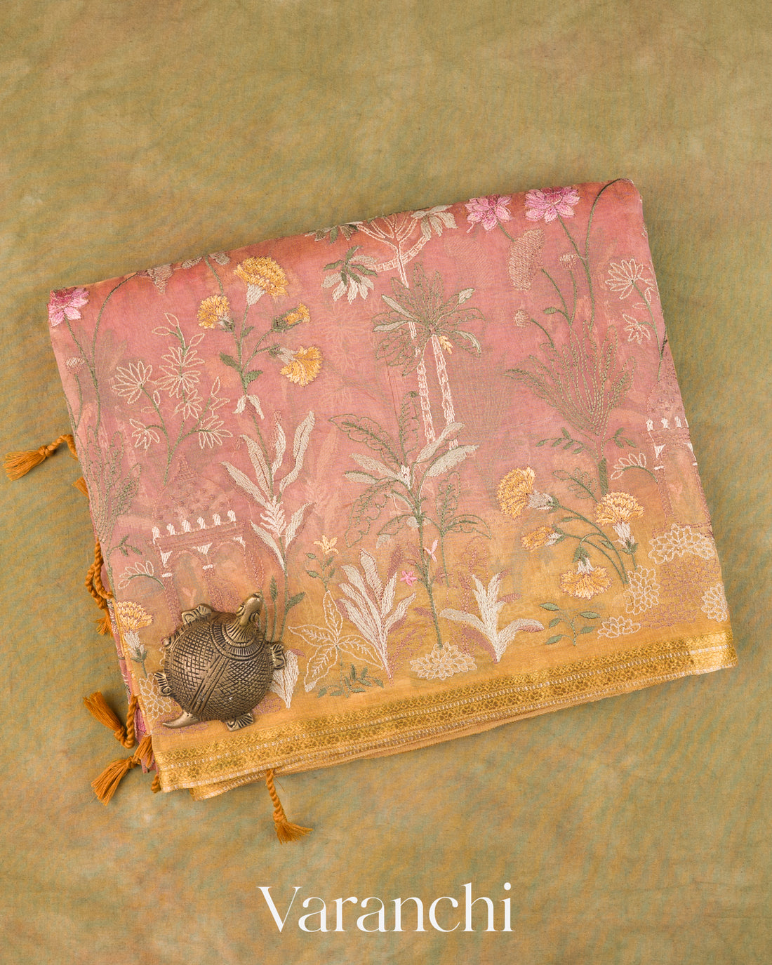 Rose Pink Floral Embroidered Pure Tissue Kora Silk Saree