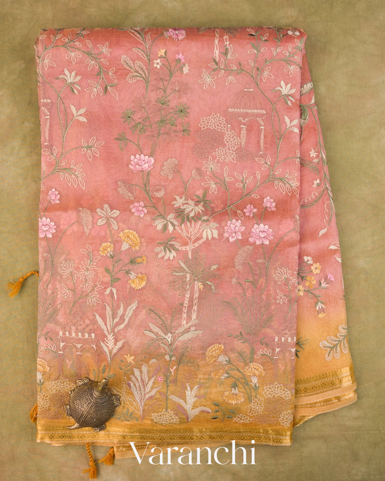 Rose Pink Floral Embroidered Pure Tissue Kora Silk Saree