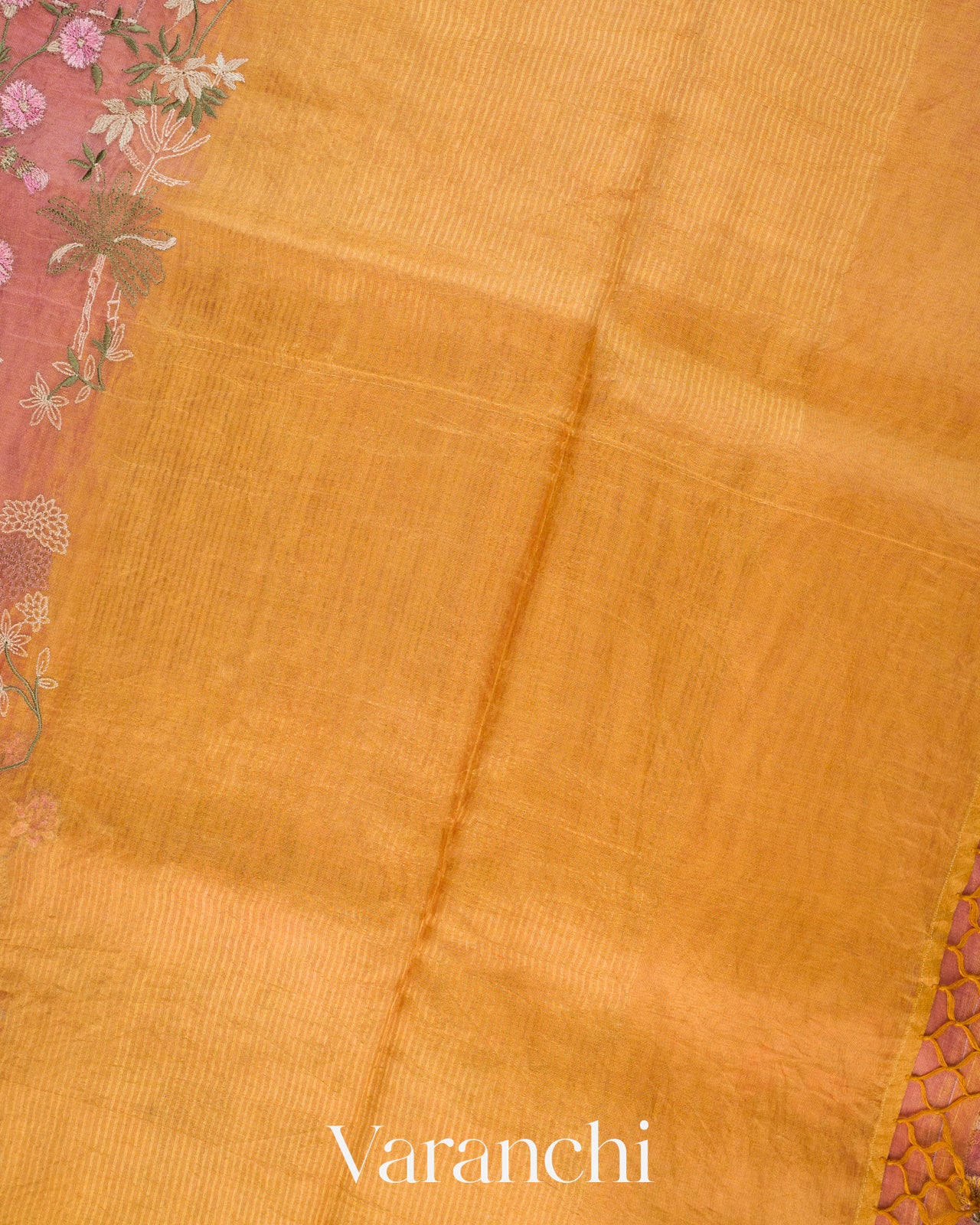 Rose Pink Floral Embroidered Pure Tissue Kora Silk Saree