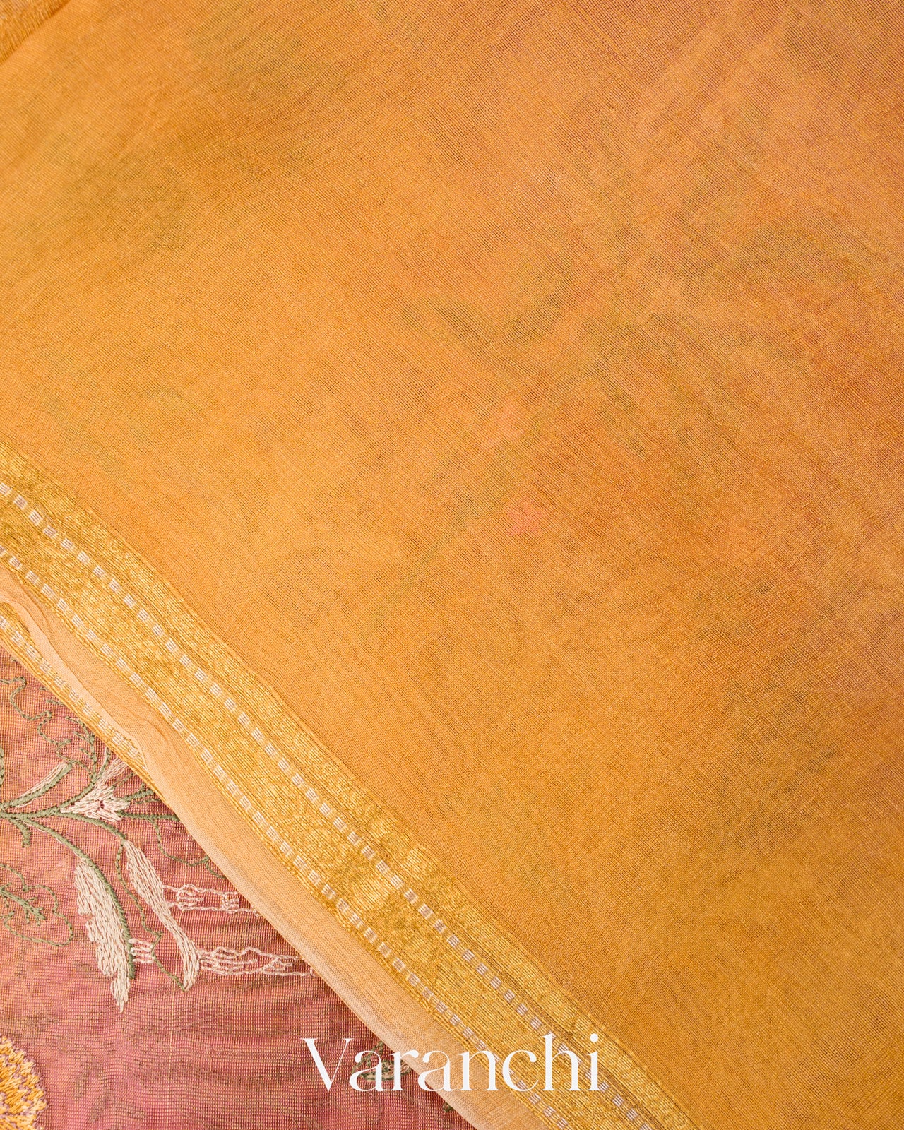 Rose Pink Floral Embroidered Pure Tissue Kora Silk Saree