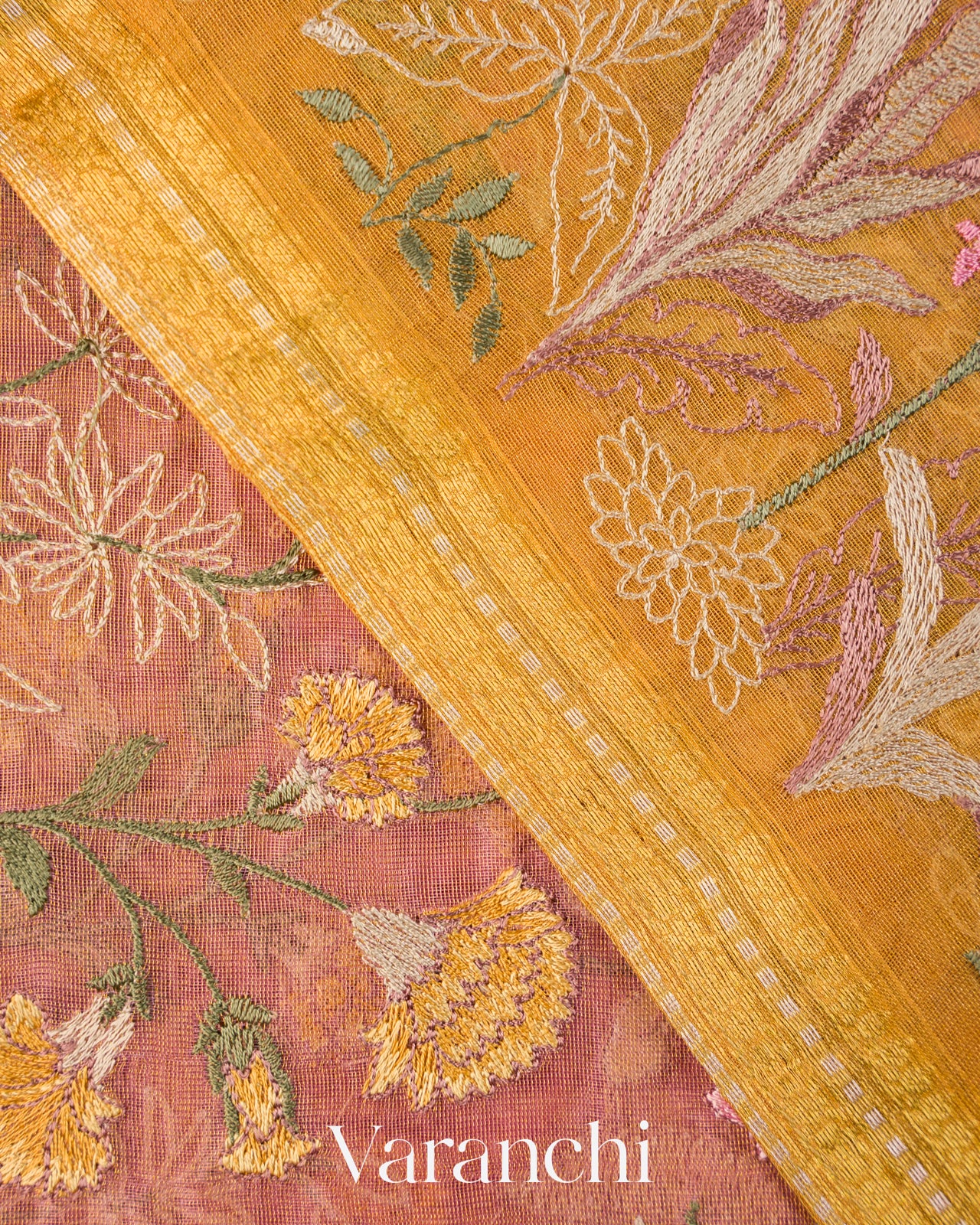 Rose Pink Floral Embroidered Pure Tissue Kora Silk Saree