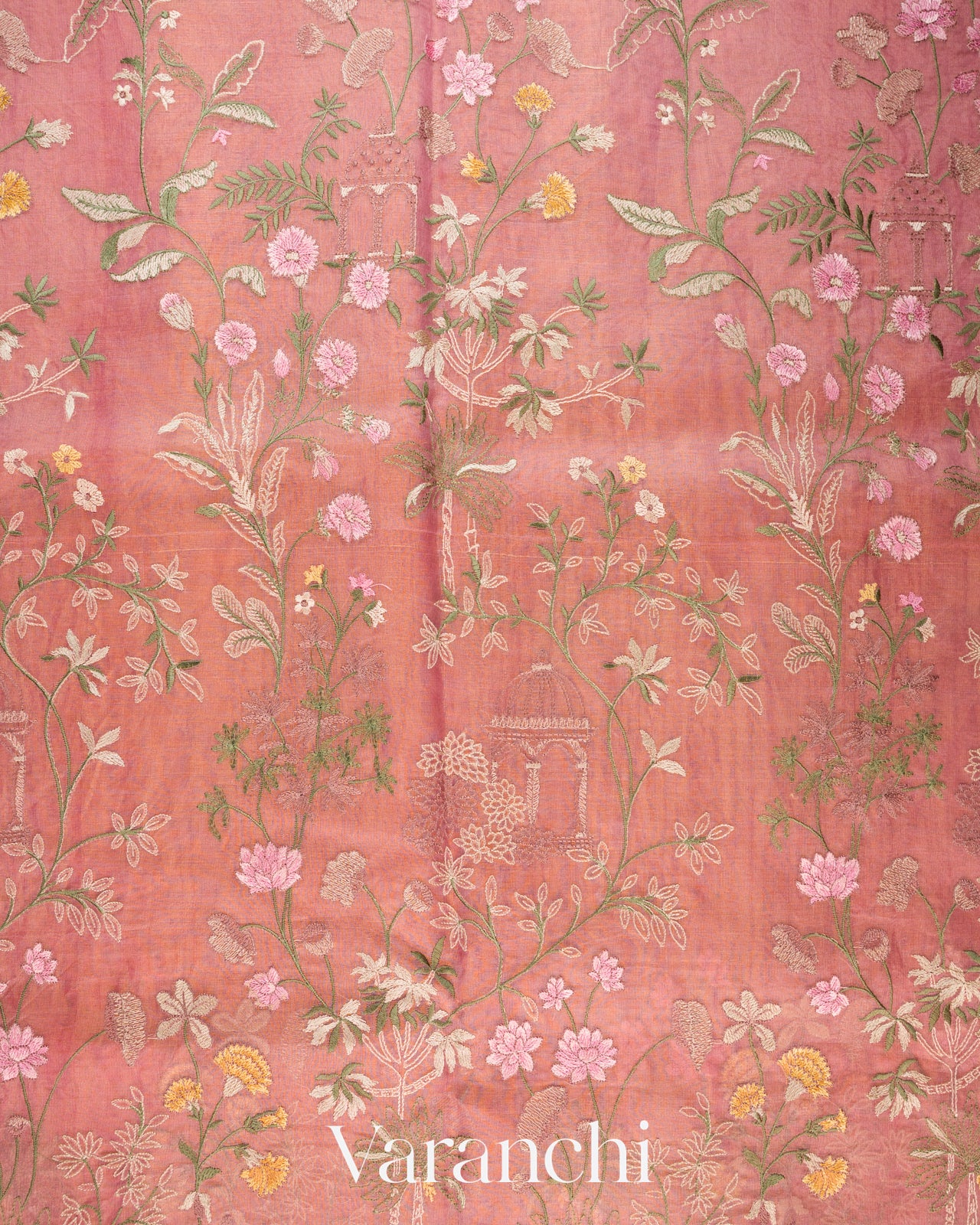 Rose Pink Floral Embroidered Pure Tissue Kora Silk Saree