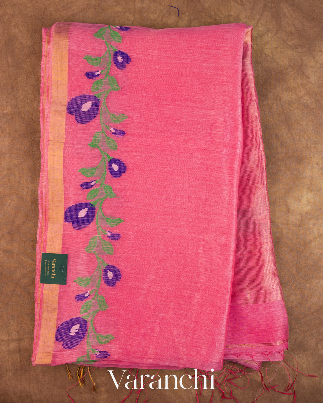 Pink Floral Jamdani Pure Silk Linen Handloom Saree