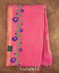 Pink Floral Jamdani Pure Silk Linen Handloom Saree