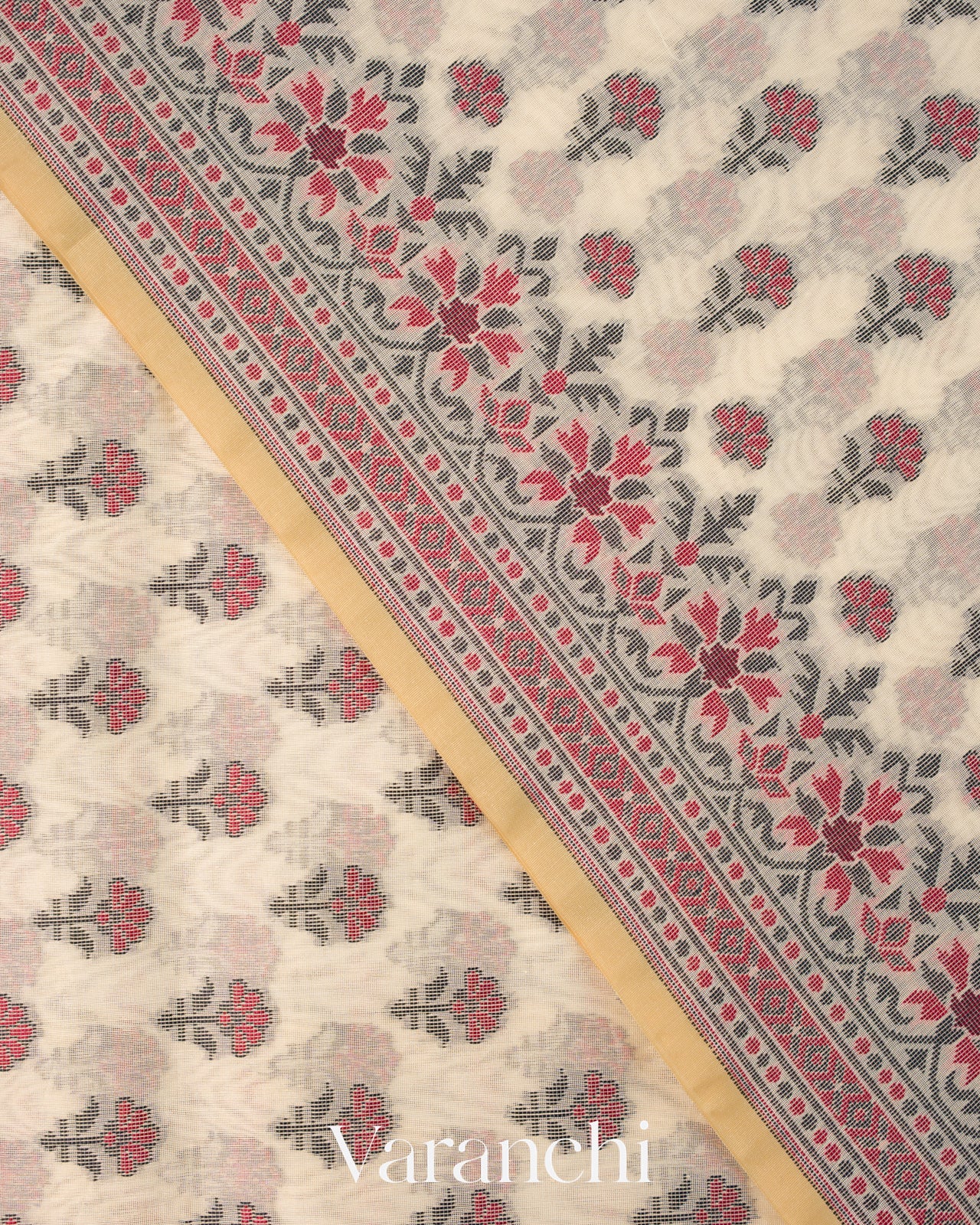 Ivory Floral Jamdani Jamdani Pure Kora Silk Cotton Saree