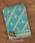 Turquoise Blue Lehariya Jamdani Pure Kora Silk Cotton Saree