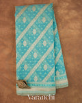 Turquoise Blue Lehariya Jamdani Pure Kora Silk Cotton Saree