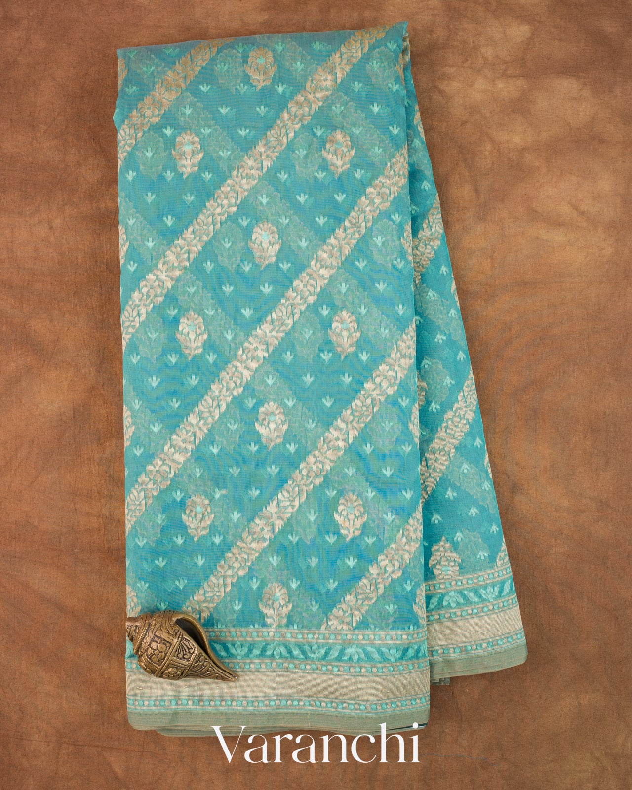 Turquoise Blue Lehariya Jamdani Pure Kora Silk Cotton Saree