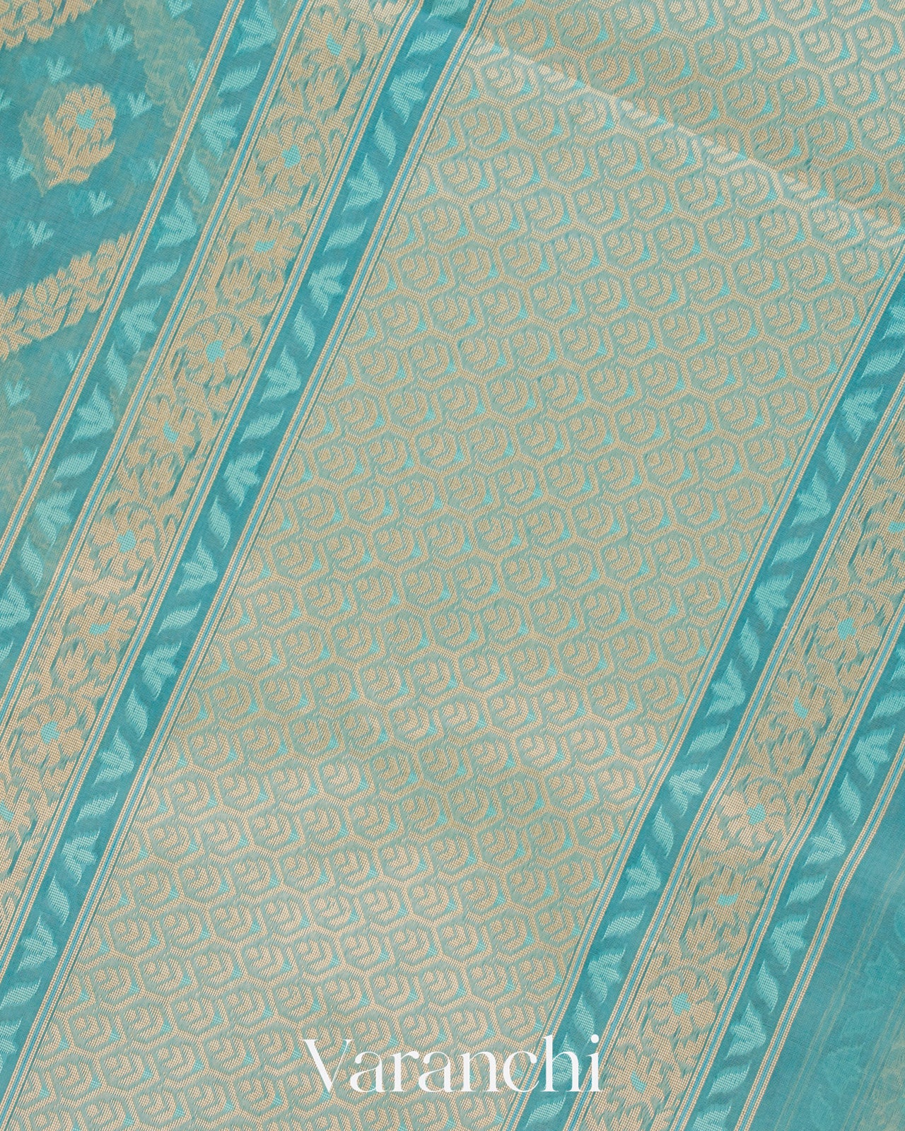 Turquoise Blue Lehariya Jamdani Pure Kora Silk Cotton Saree