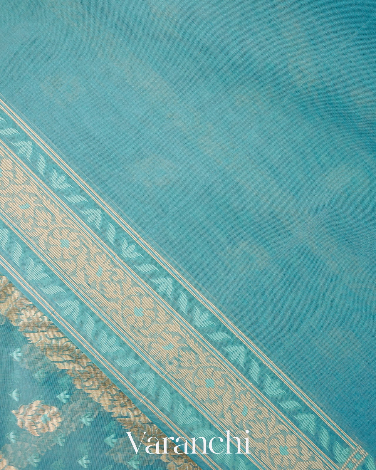 Turquoise Blue Lehariya Jamdani Pure Kora Silk Cotton Saree