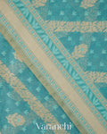 Turquoise Blue Lehariya Jamdani Pure Kora Silk Cotton Saree