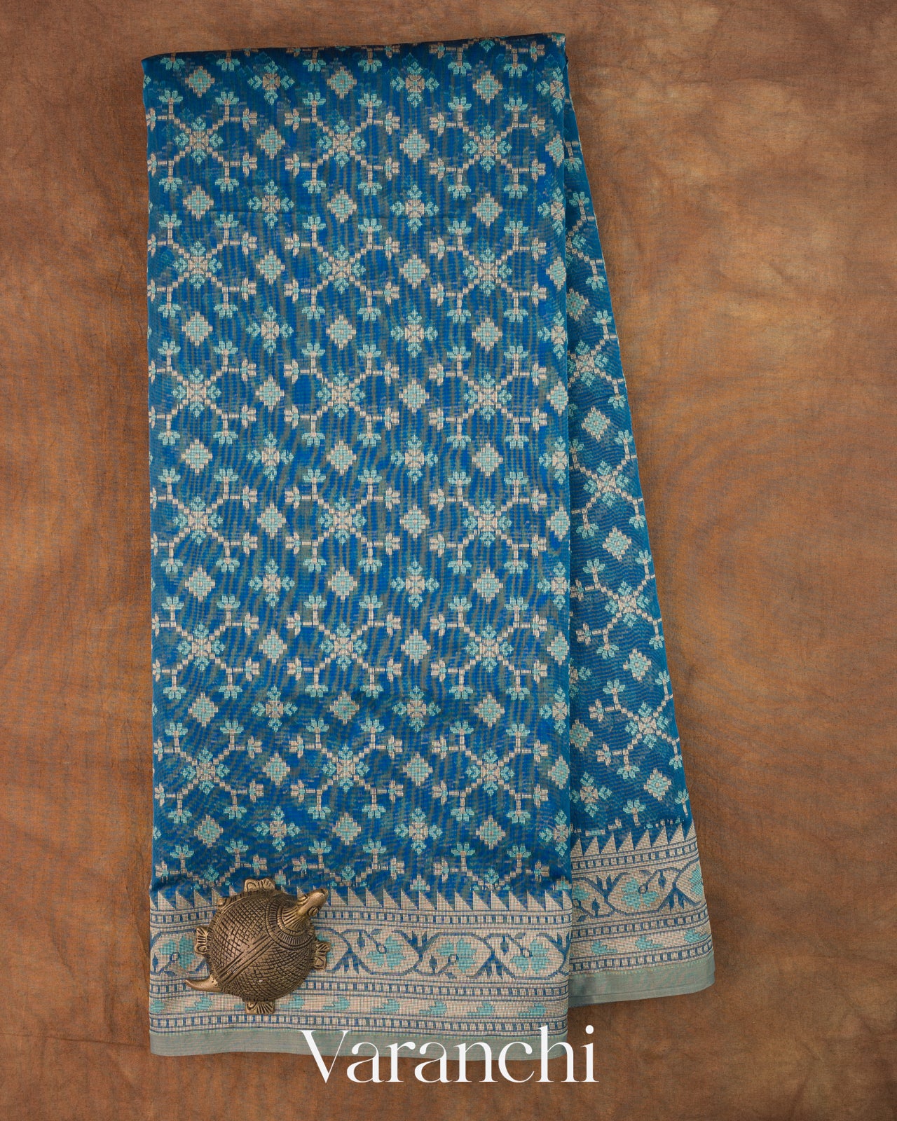 Peacock Blue Jamdani Pure Kora Silk Cotton Handloom Saree