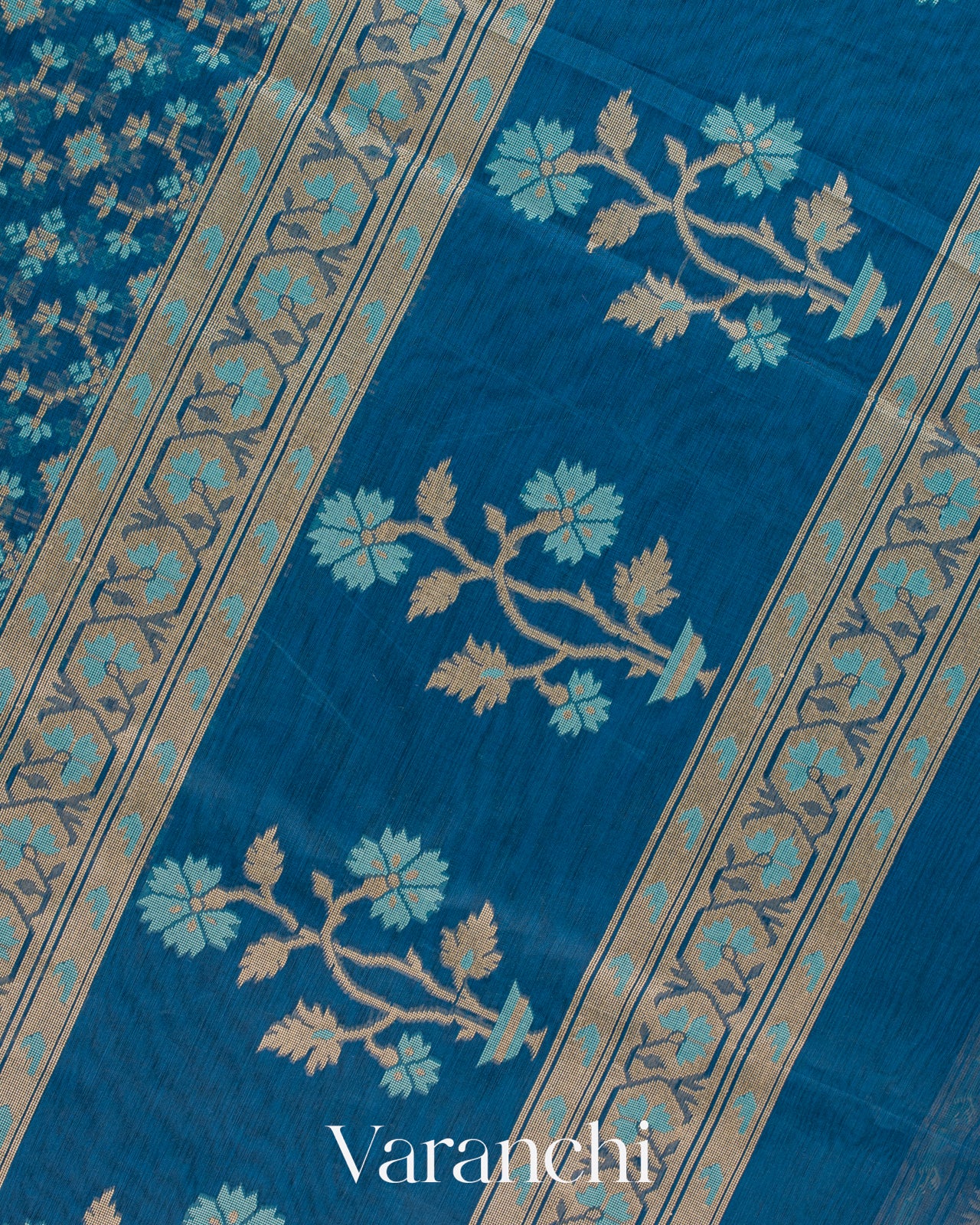 Peacock Blue Jamdani Pure Kora Silk Cotton Handloom Saree