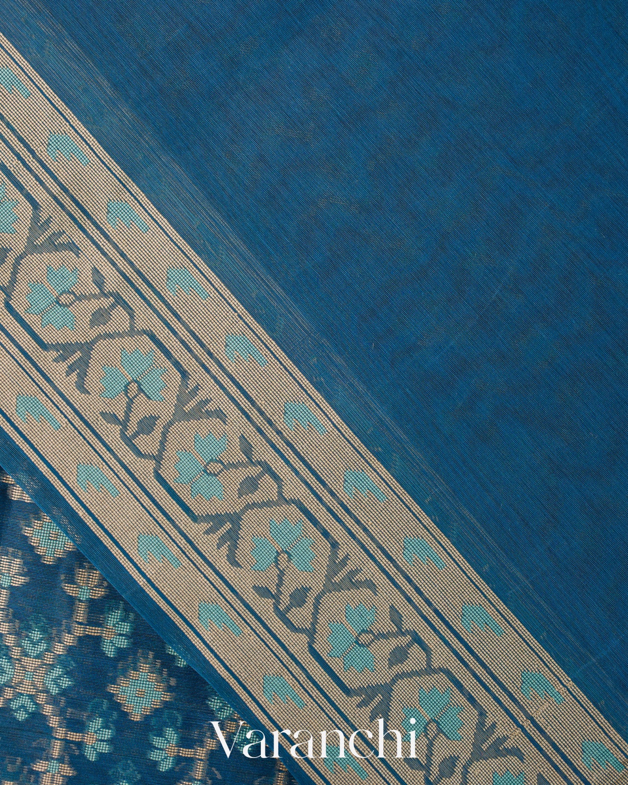 Peacock Blue Jamdani Pure Kora Silk Cotton Handloom Saree