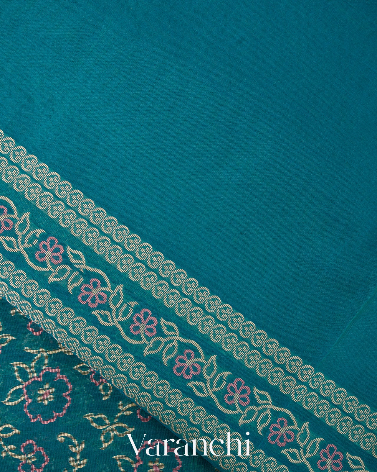 Peacock Blue Jamdani Pure Kora Silk Cotton Saree