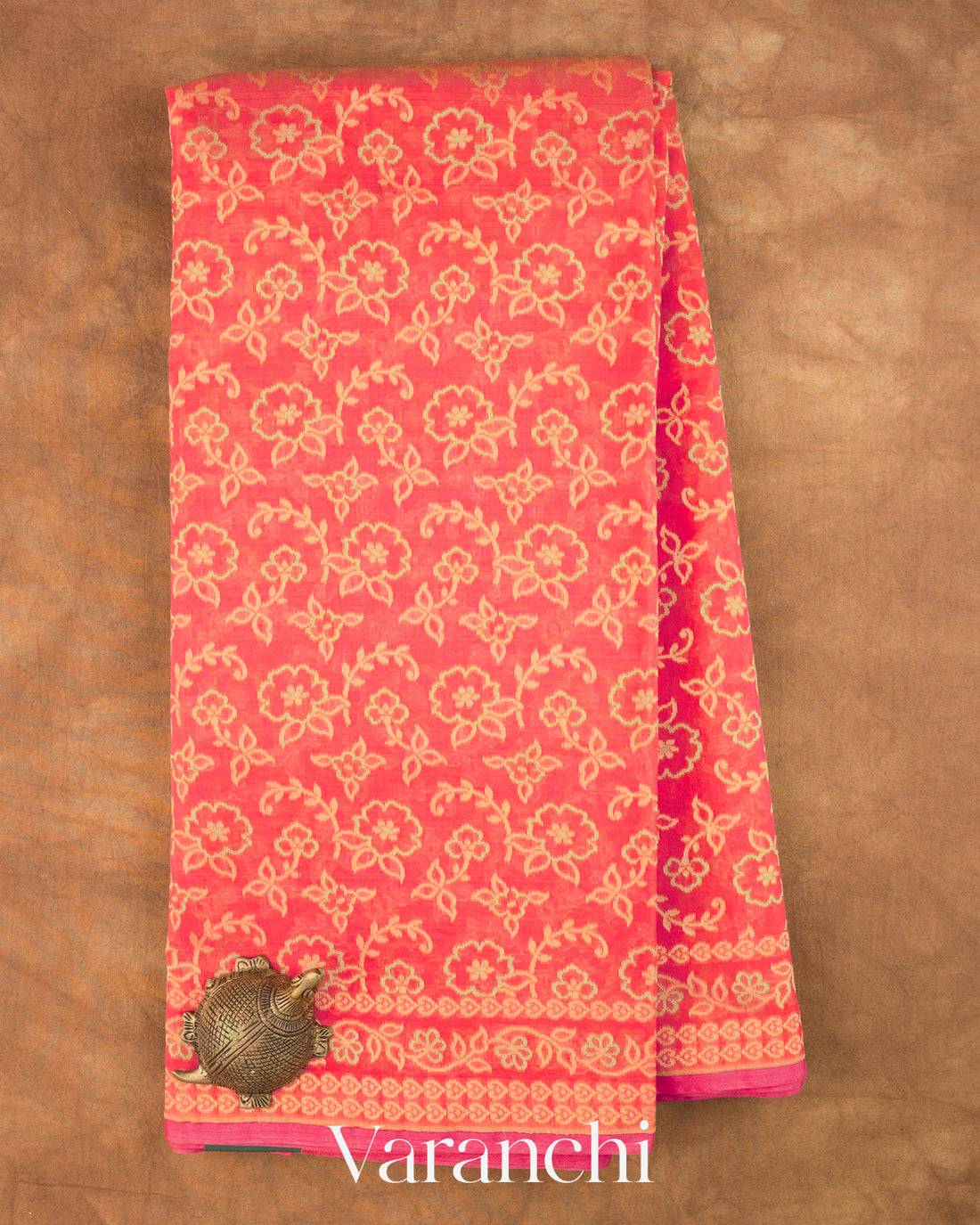 Coral Pink Jamdani Pure Kora Silk Cotton Handloom Saree