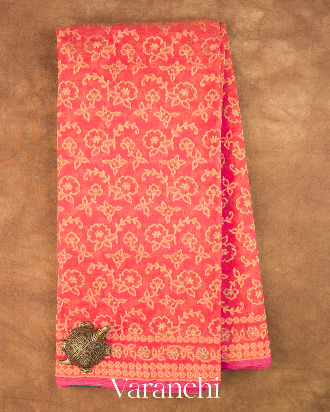 Coral Pink Jamdani Pure Kora Silk Cotton Handloom Saree