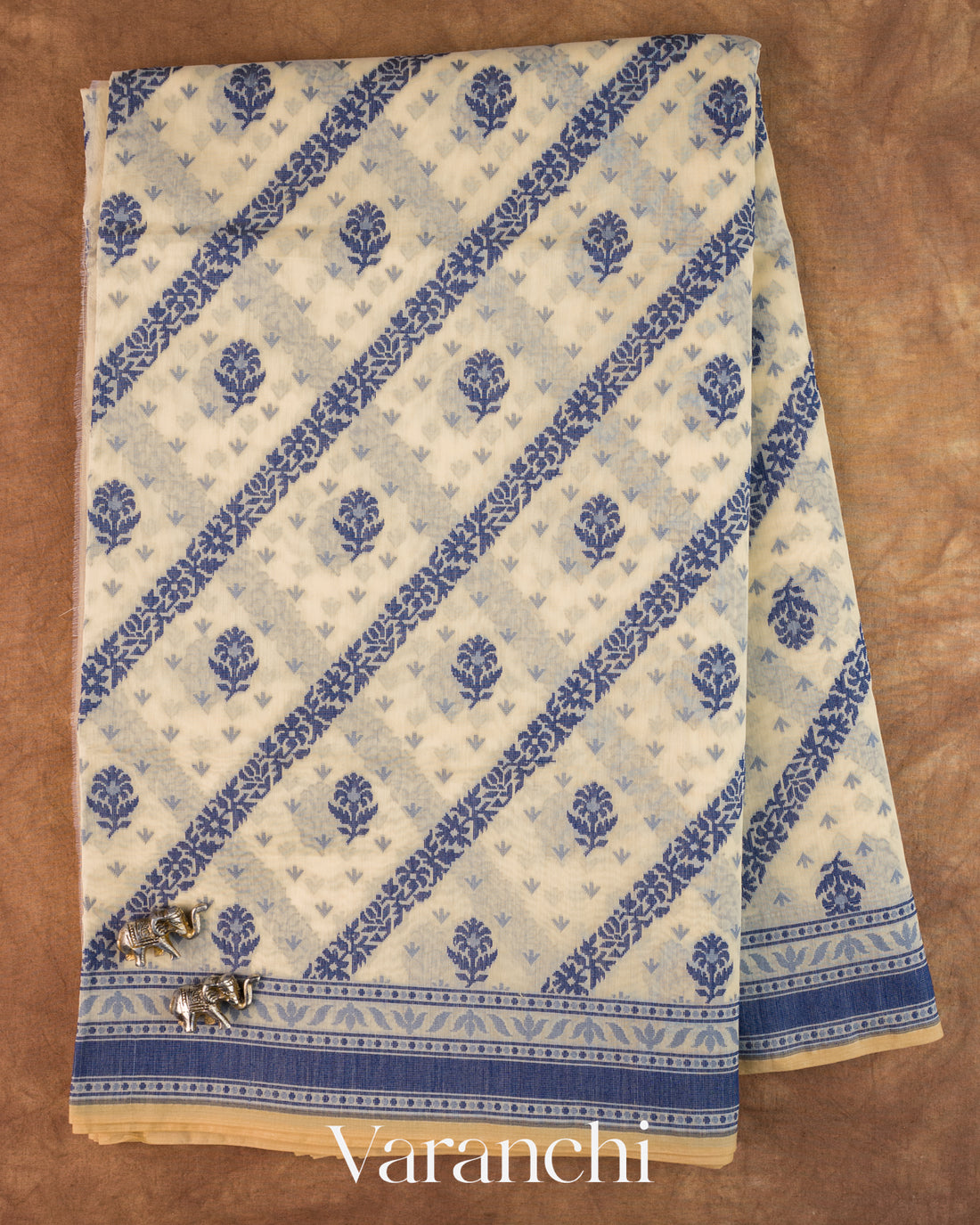 Cream Lehariya Jamdani Pure Kora Silk Cotton Saree
