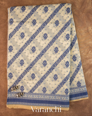 Cream Lehariya Jamdani Pure Kora Silk Cotton Saree