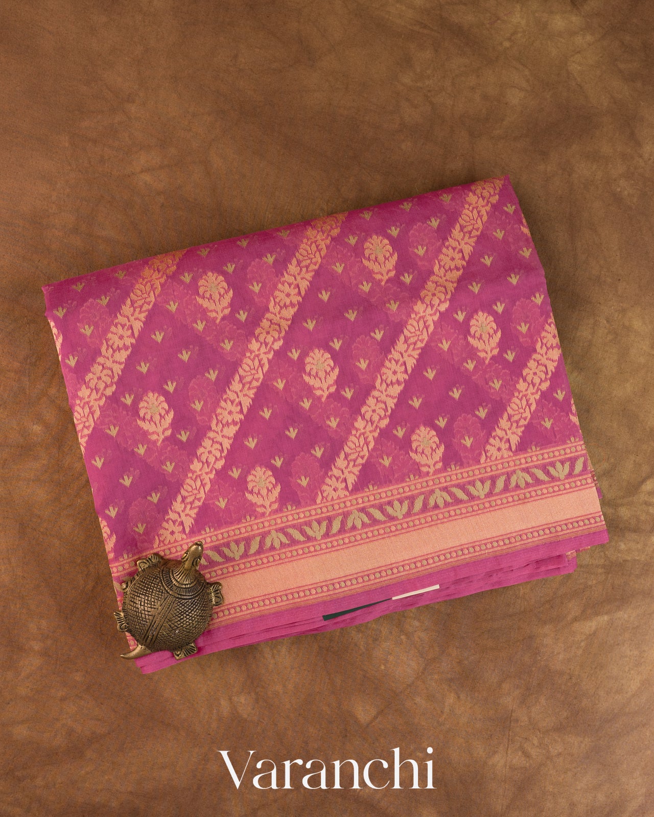 Onion Pink Lehariya Jamdani Pure Kora Silk Cotton Saree