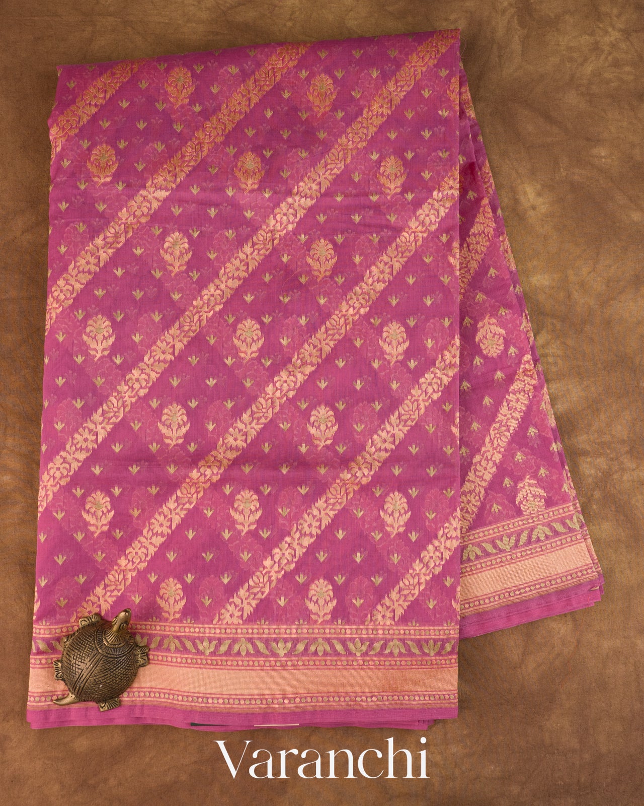 Onion Pink Lehariya Jamdani Pure Kora Silk Cotton Saree