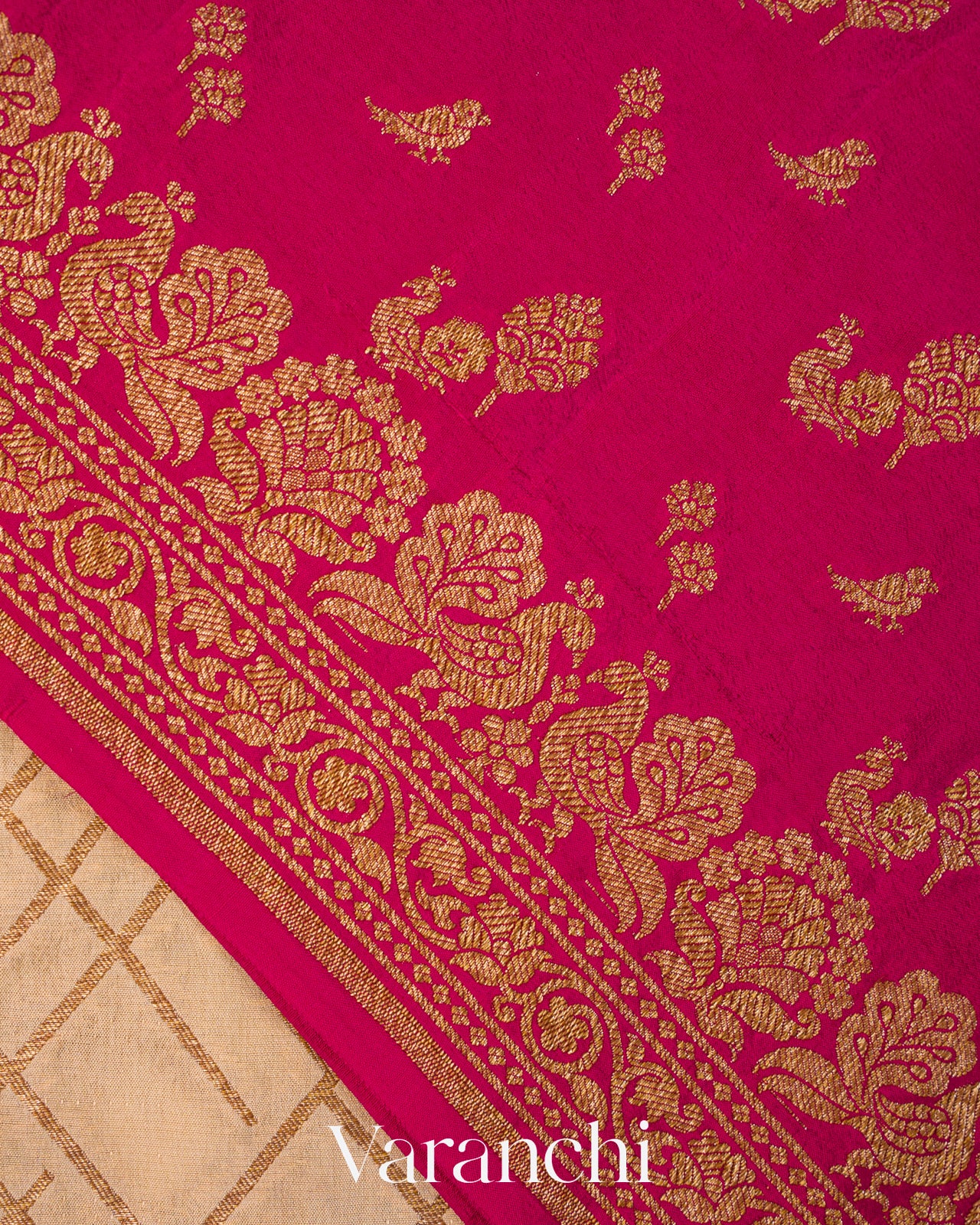 Beige Checkered Pure Crepe Silk Handloom Saree