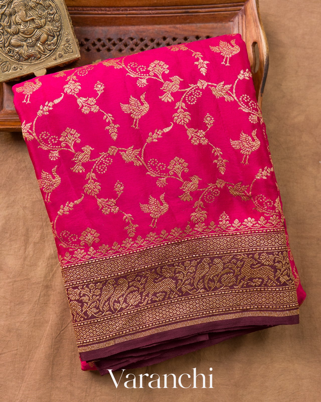 Rani Pink Jaal Pure Crepe Silk Handloom Saree