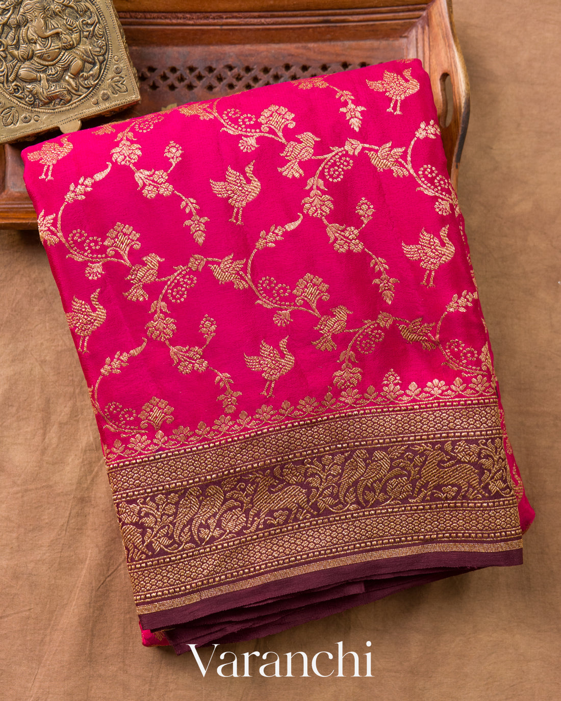 Rani Pink Jaal Pure Crepe Silk Handloom Saree