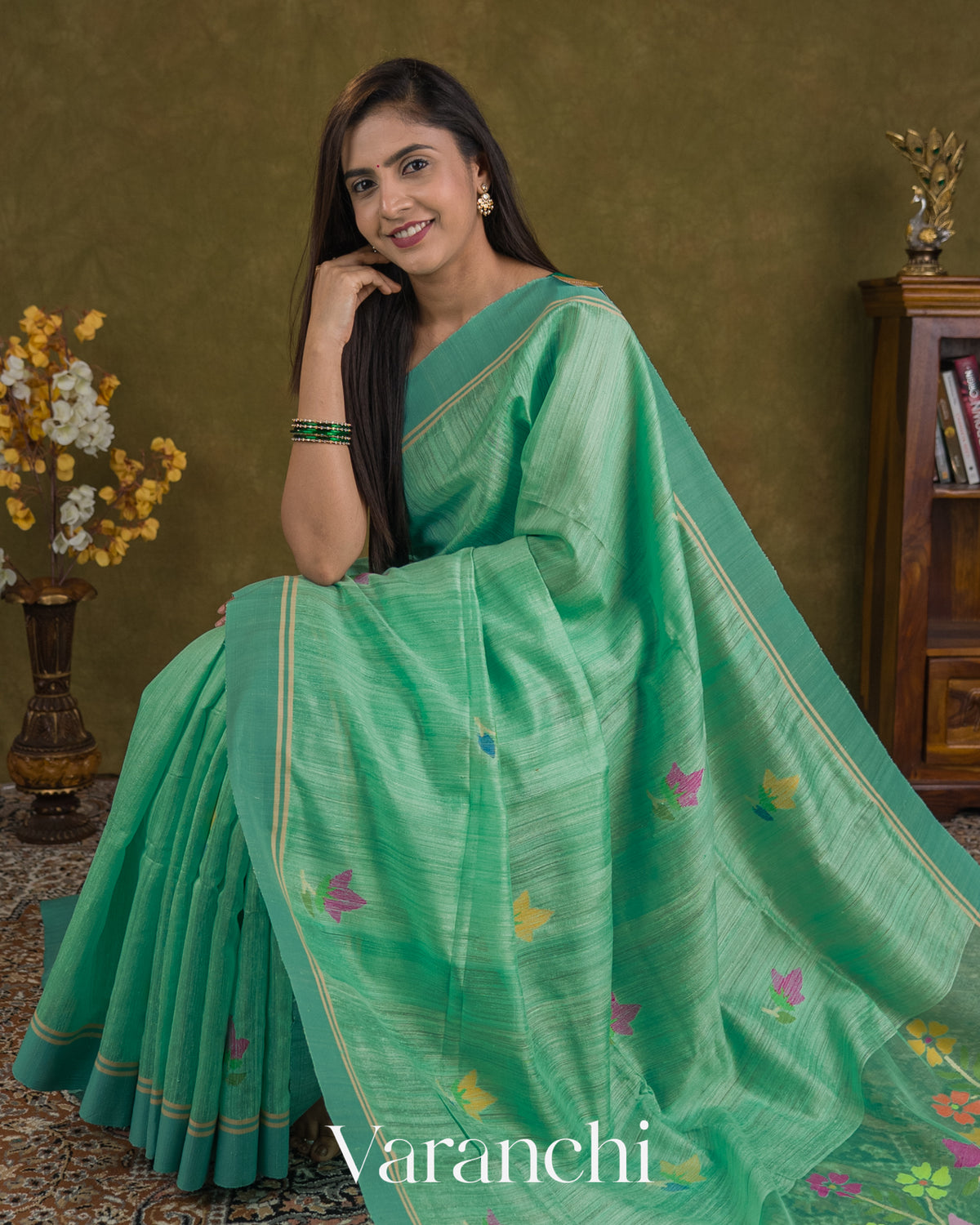 Sea Green Jamdani Pure Matka Silk Handloom Saree
