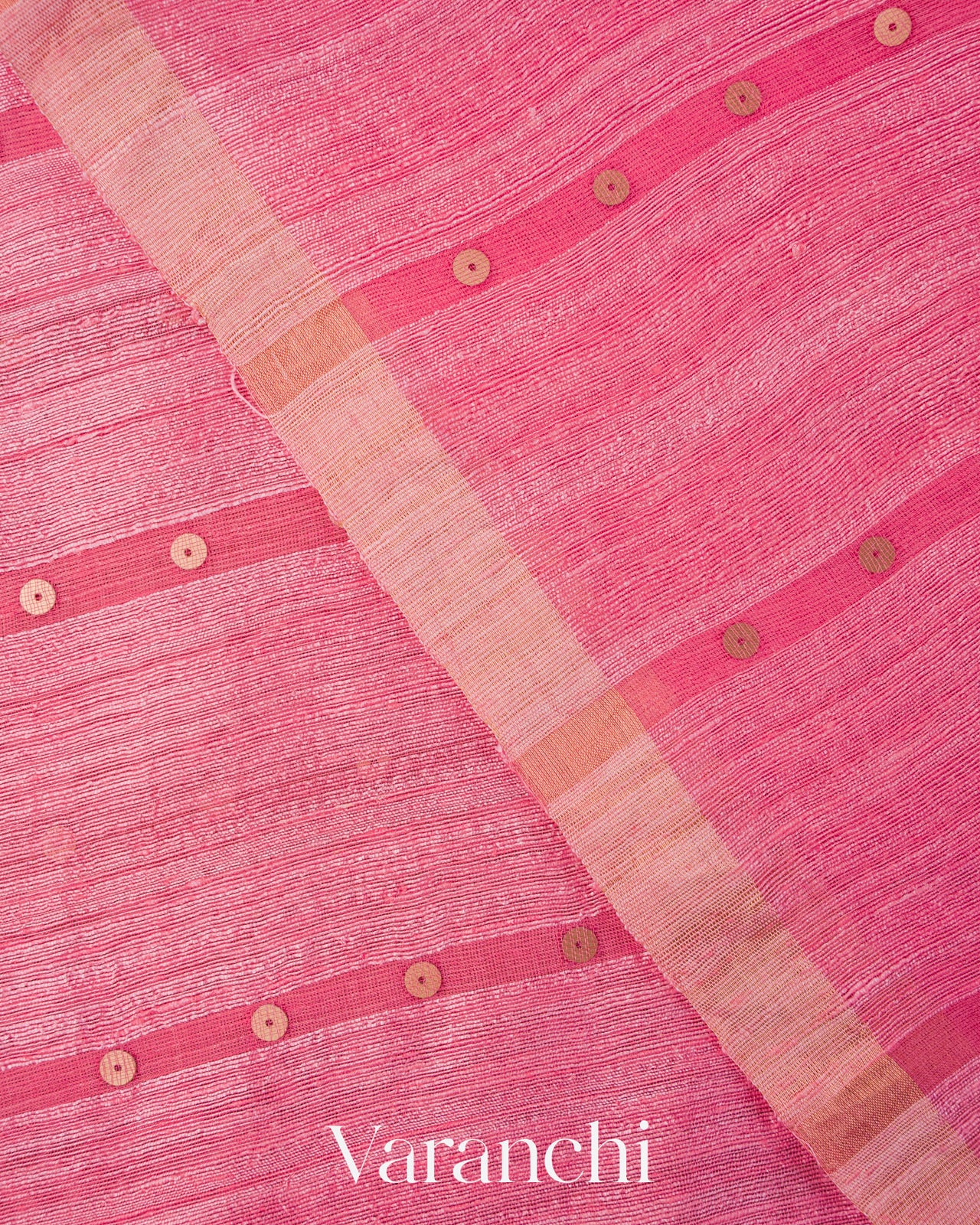 Pink Striped Sequin Jamdani Paithani Pallu Pure Muslin Silk Handloom Saree