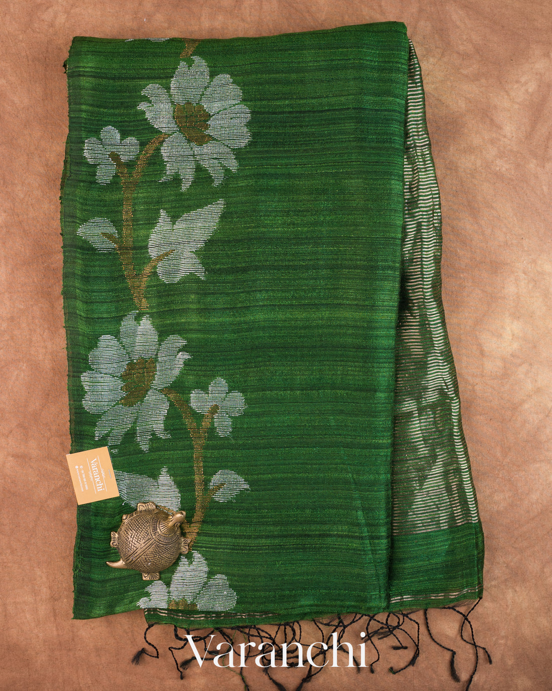 Bottle Green Jamdani Pure Matka Tissue Silk Handloom Saree
