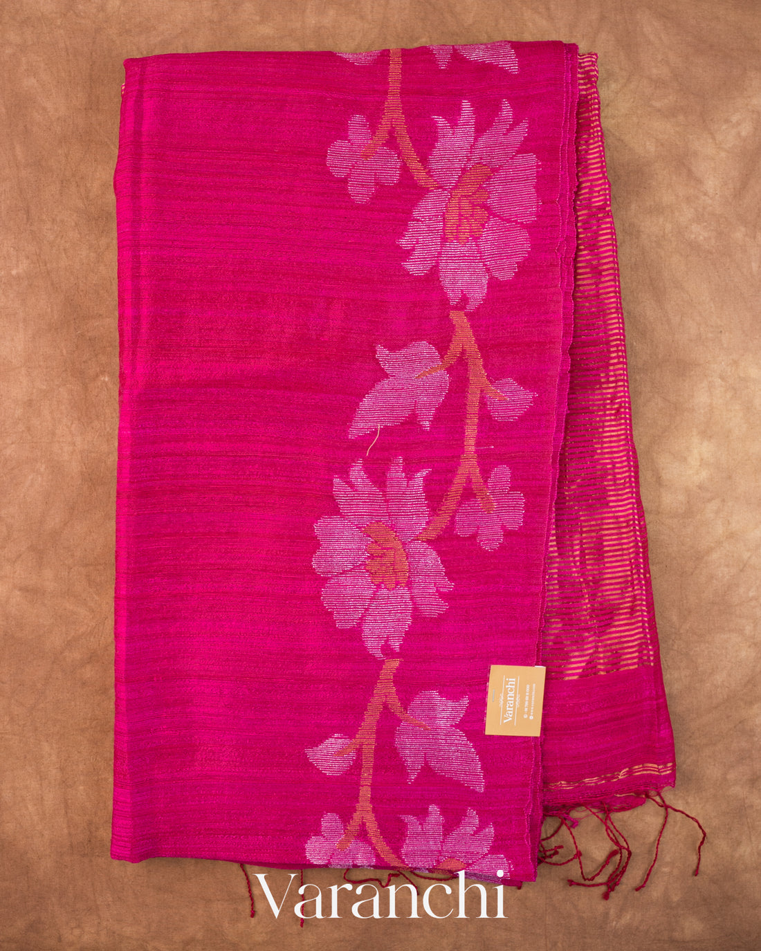 Rani Pink Floral Jamdani Pure Matka Silk Handloom Saree